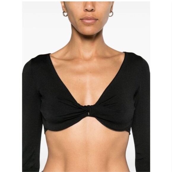 CELINE BNWT SS24 Three Quarter Sleeve Crop Twist Front Top in Black Size M - Picture 1 of 12